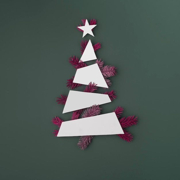 Foto kreatives minimalistisches weihnachtsbaum-mockup mit rosa weihnachtenbaumzweigen und weißen geometrischen formen auf dunklem hintergrund