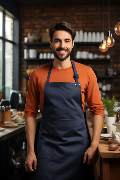 Kreatives Mockup einer Kochvorhangen in einem trendigen Café, das sein stilvolles Uniformkollektionsdesign betont