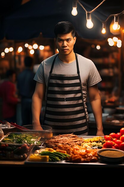 Kreatives Mockup einer Küchenchef-Apron-Straßenszene, das das Design der geschäftigen Uniformkollektion präsentiert