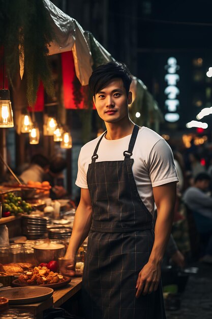 Kreatives Mockup einer Küchenchef-Apron-Straßenszene, das das Design der geschäftigen Uniformkollektion präsentiert