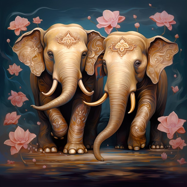 Kreatives Poster Elefantenfantasie Rosa Blumen asiatischer indischer Stil Generative KI