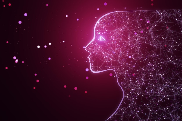 Kreatives rosa Hologramm eines polygonalen weiblichen Kopfes umreißt künstliche Intelligenz und Robotik-Konzept 3D-Rendering