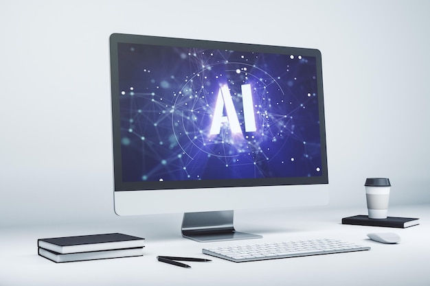 Kreatives Symbolkonzept für künstliche Intelligenz auf modernem Laptop-Bildschirm 3D-Rendering