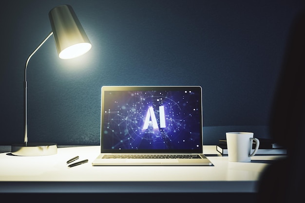 Kreatives Symbolkonzept für künstliche Intelligenz auf modernem Laptop-Bildschirm 3D-Rendering