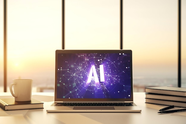 Kreatives Symbolkonzept für künstliche Intelligenz auf modernem Laptop-Bildschirm 3D-Rendering