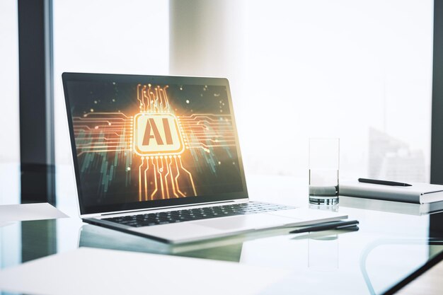 Kreatives Symbolkonzept für künstliche Intelligenz auf modernem Laptop-Bildschirm 3D-Rendering