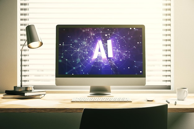 Kreatives Symbolkonzept für künstliche Intelligenz auf modernem Laptop-Bildschirm 3D-Rendering