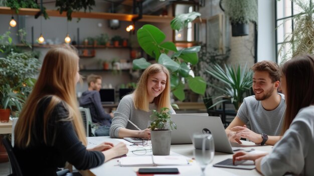 Foto kreatives team arbeitet am laptop im büro zusammen