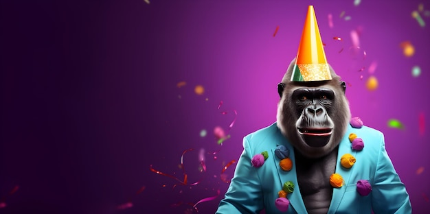 Kreatives Tierkonzept: ein Gorilla mit Partyhut und blauem Anzug, digitale Kunst
