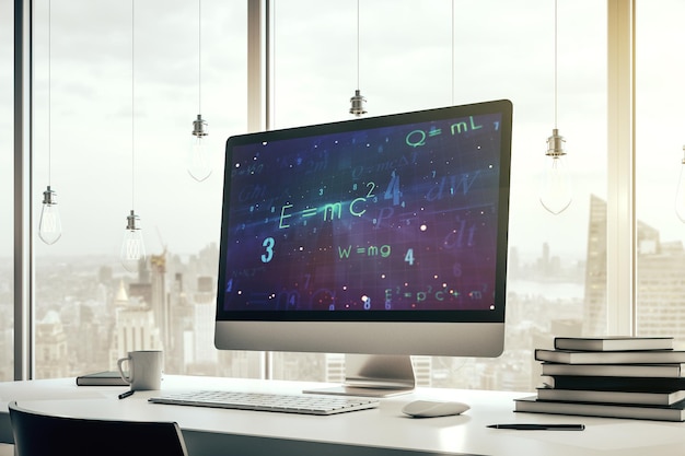 Kreatives wissenschaftliches Formelhologramm auf modernem Laptop-Monitor-Forschungskonzept 3D-Rendering