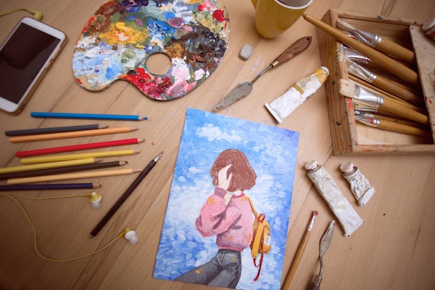 Kreatives Wochenende. Mädchen malt ein Bild mit Ölfarben