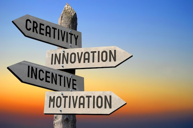Kreativität, Innovationsanreiz, Motivation, hölzerner Wegweiser