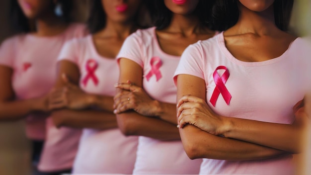 Krebsbewusstseinsmonat Einige Frauen mit einem rosa Band repräsentieren den Krebsbewusstseinmonat Frauentag