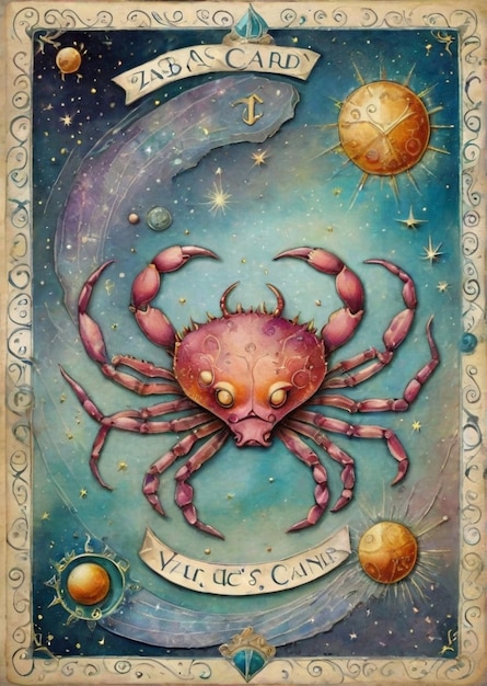 Krebskrabben-Zodiac-Astralkarte, gemalt mit lila-blauen orangefarbenen Tönen