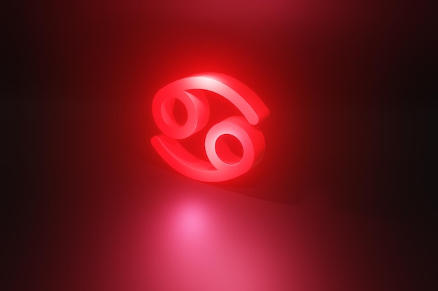 Krebsrotes Neon-Tierkreissymbol, rotes Neonglühen-Horoskopzeichen 3D-Render