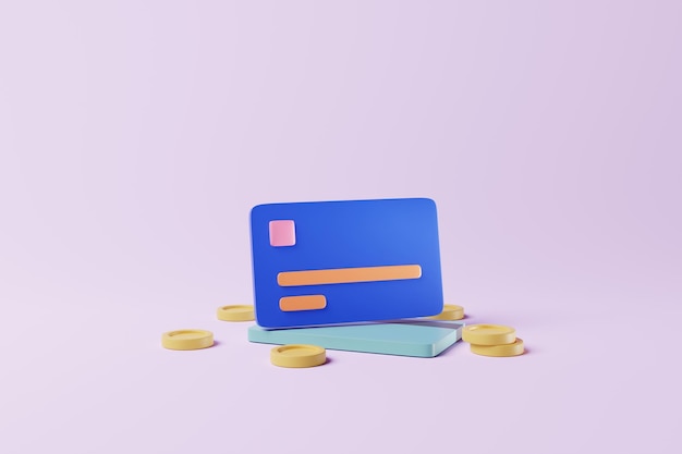 Kreditkarte und Münzen auf violettem Hintergrund Bargeldloses Einkaufssparkonzept 3D-Darstellung