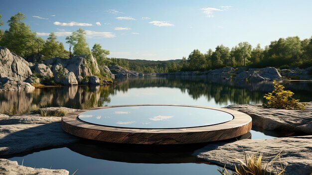 Foto kreis-fels-podium-produkt-display mit schönem wasserhintergrund