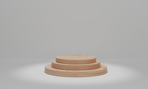 Kreis Holzpodest mit Scheinwerfern. Zylinder-Podium-Plattformen für die Präsentation kosmetischer Produkte. 3D-Rendering