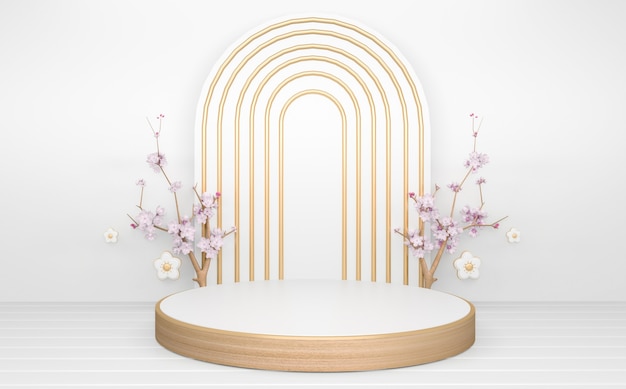 Kreis weiße hölzerne Podium minimale geometrische und Dekoration japanischen Stil abstrakt.3D Rendering