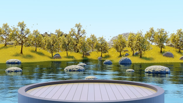 Kreisen Sie den Holzsockel ein, um den See und den GELBEN Baumwald mit GELBEN Gräsern Sommerhintergrund 3D-Rendering zu sehen