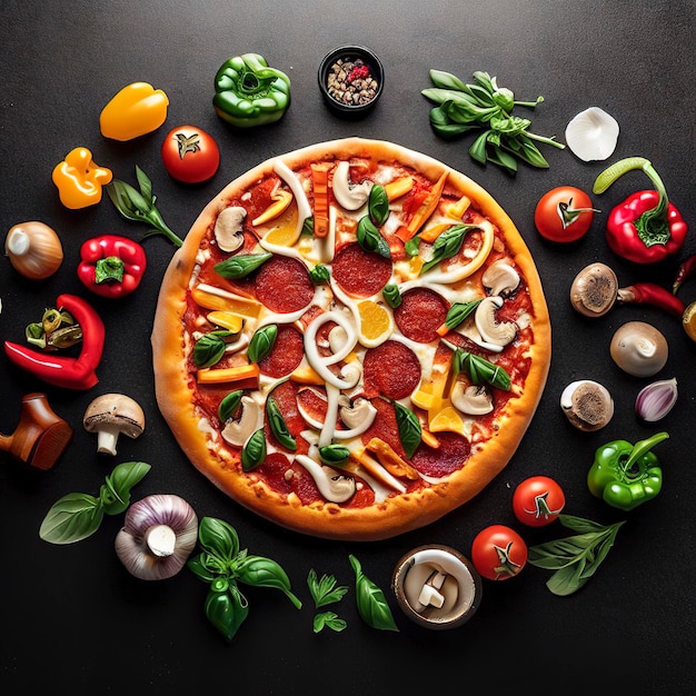 Kreisrahmen gemacht von den frischen Bestandteilen um köstliche italienische Pizza über schwarzem Zähler