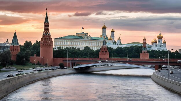 Foto kremlin de moscou e rio moskva no pôr-do-sol