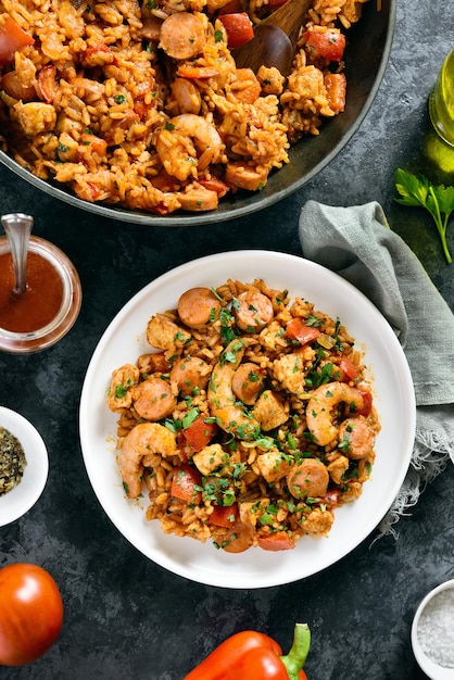 Kreolischer Jambalaya mit geräucherten Hähnchenwürsten und Gemüse