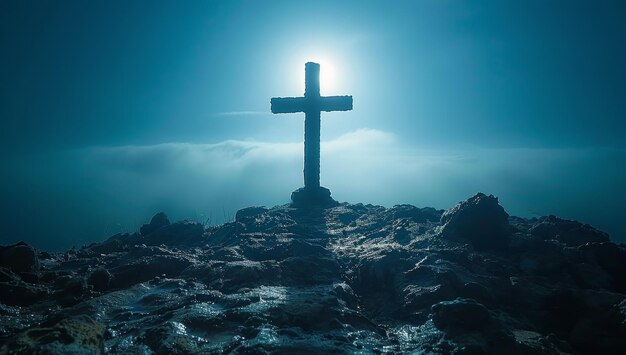 Kreuz auf dem Felsen in der nebligen Nacht