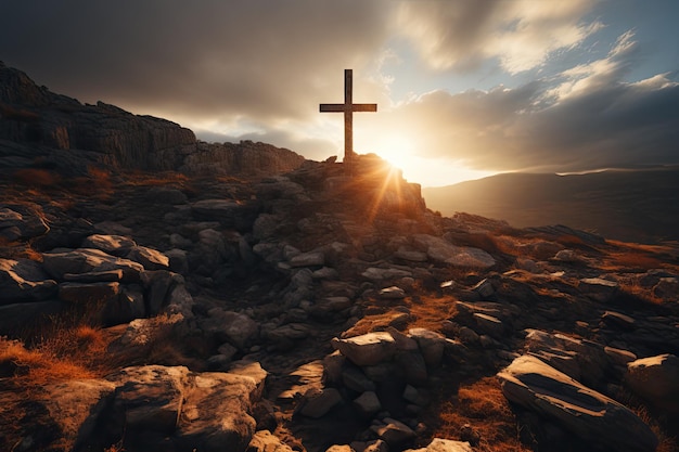 Kreuz auf dem Felsen mit Lichtstrahlen