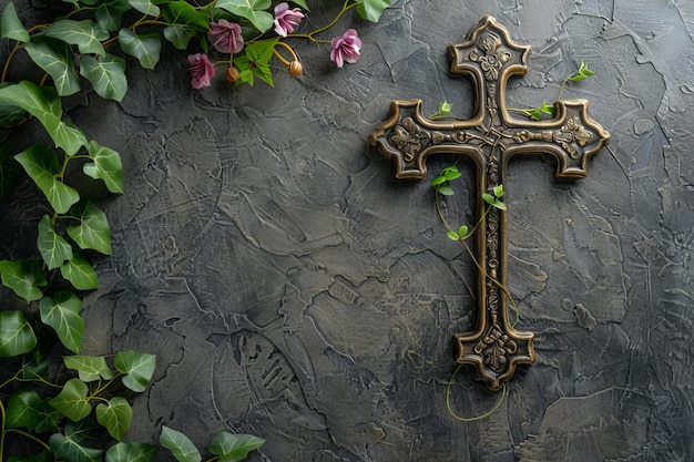 Kreuz auf der Wand Efeu Blumen