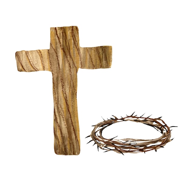 Kreuz Holzkrone dornig Ostern Skizzensatz. Eine Aquarellillustration. Handgezeichnete Textur, isoliert.