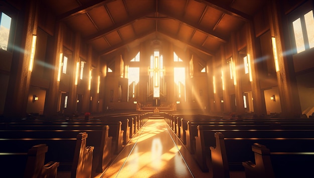 Kreuz in der Kirche mit Lichtstrahlen mit KI generiert