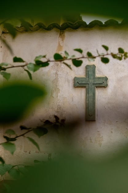 Kreuz-Religions-Symbol Verehren Sie Kreuz auf abgenutzter Wand zwischen unscharfer Vegetationspflanze und Fliesen auf der Oberseite Mexiko