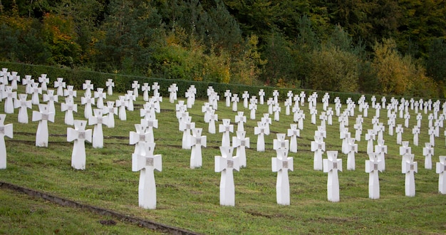Kreuze in gleichmäßigen Abständen mit Bestattung auf dem Friedhof