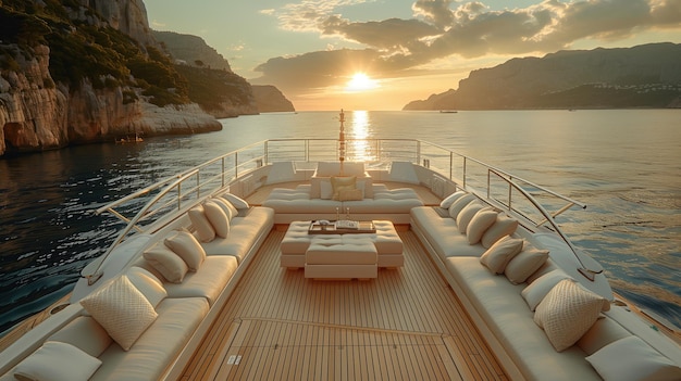 Foto kreuzfahrtschiffdeck beim sonnenuntergang luxusyacht im meer