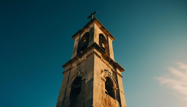 Kreuzförmige Kapelle, alter Turm, Natur-Sonnenuntergangsdenkmal, generiert von KI