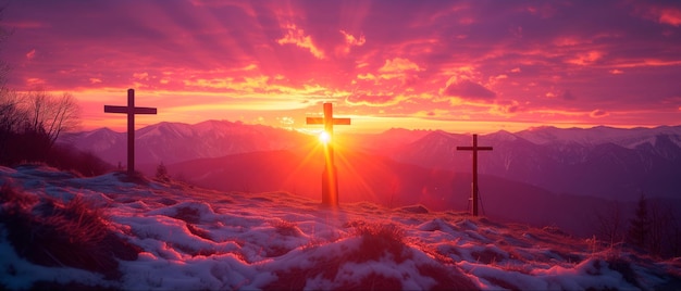 Kreuzigung und Auferstehung Jesu bei Sonnenuntergang Drei hölzerne Kreuze gegen einen wunderschönen Sonnenundergang
