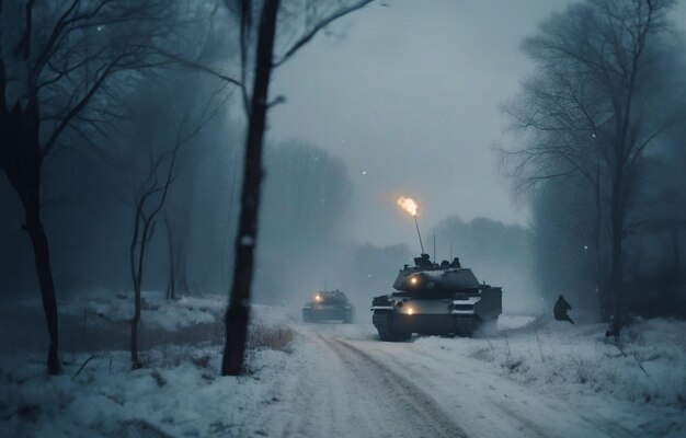 Krieg im Winter: Panzer fahren mit dem Militär entlang einer schneebedeckten Winterstraße