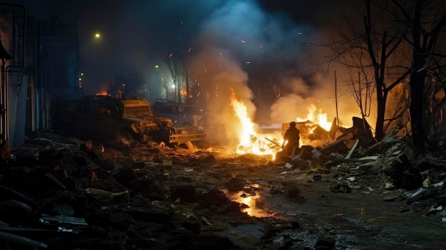 Krieg in der Ukraine Nacht Schuss Rauch Feuer Müll