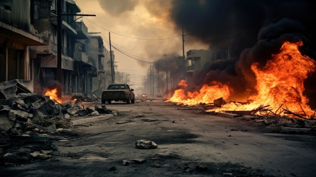 Krieg in Palästina Stadt leere Straße Rauch Feuer Müll
