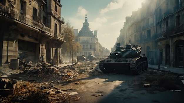 Krieg in Paris mit Zerstörung und Panzern auf der Straße generative ai