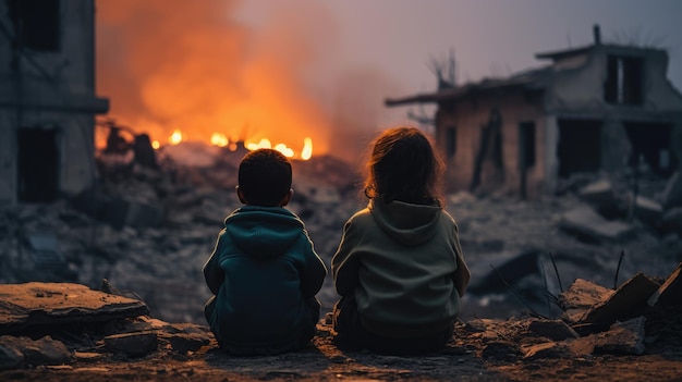 Krieg und Kinder Zwei Kinder auf den Ruinen von Gebäuden vor dem Hintergrund einer vom Krieg zerrissenen Stadt