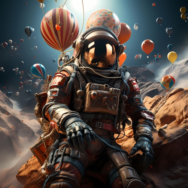 Krieger der Lüfte Ein Porträt eines Raumanzugs, der in Kappadokien landet. Luftballons als Fallschirm