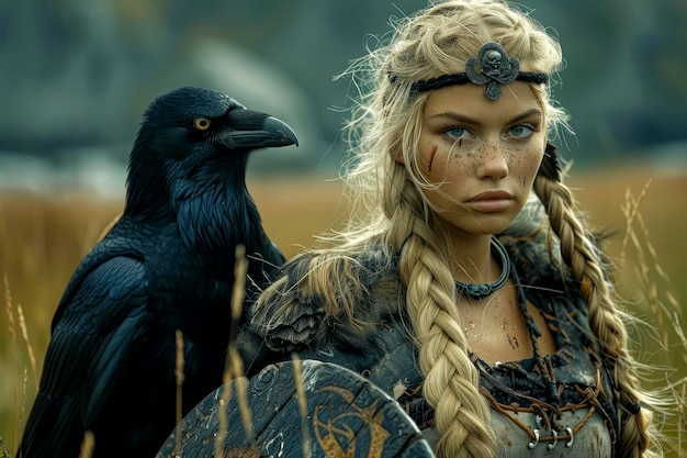Kriegerin Schönheit atemberaubende Wikingerin Blonde Frau mit Schild und Schwert geschmückt mit Zöpfen