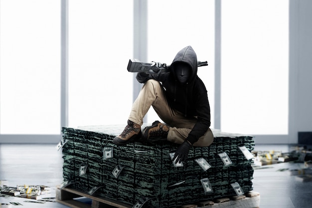 Krimineller Mann mit versteckter Maske sitzt und hält die Schrotflinte, während er das Geld auf der Bank raubt