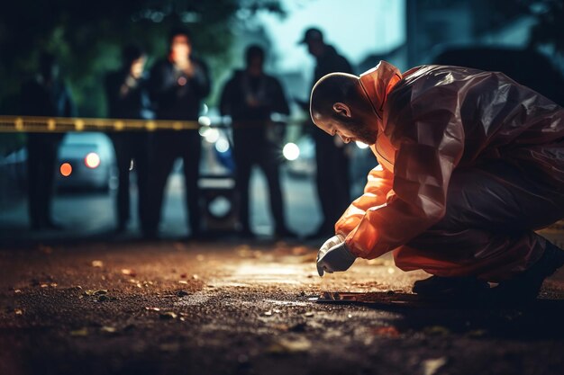 Kriminologe mit Handschuhen untersucht Beweise im Freien, der Tatort ist mit Sicherheitsband eingezäunt