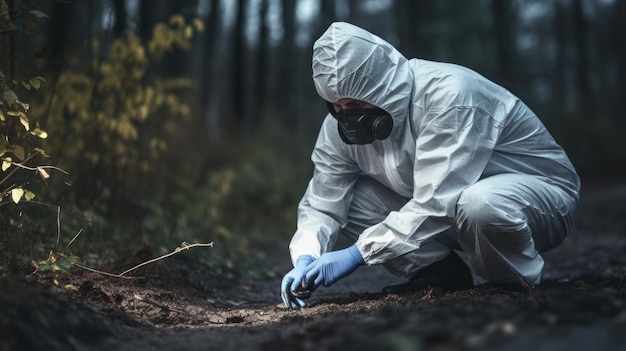 Kriminologe mit Schutzanzughandschuhen und Gesichtsmasken, die am Tatort im Freien arbeiten