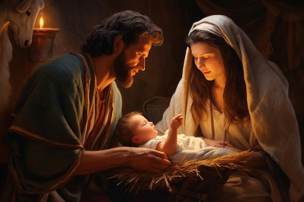 Krippe vertep religiöses Konzept Stern von Bethlehem Geburt des Sohnes Gottes Jesus Christus die Jungfrau Maria Joseph Christliche Weihnachtsbibel Wunder Heilige Familie Generative KI