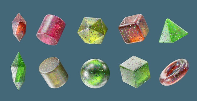 Kristall-Candy-Geometrie-Formensatz isolierter Hintergrund 3D-Rendering ohne KI-Generation