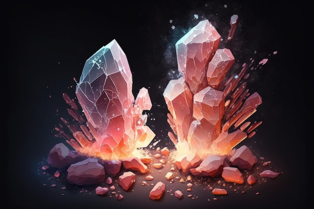 Kristalle aus rosafarbenem Himalaya-Salz, sowohl fein als auch grob, explodieren vor einem dunklen Hintergrund